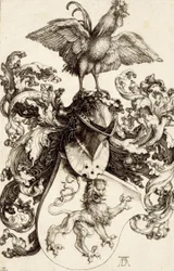 Wappen mit einem Löwen und einem Hahn